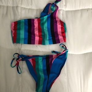 one shoulder top with tie bottoms